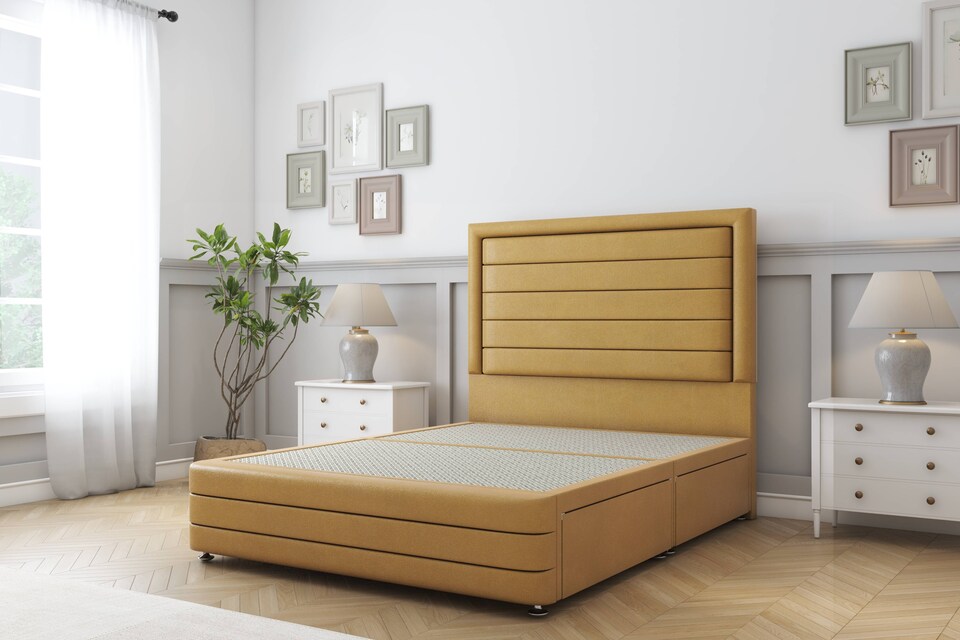image 1 of Sloomy Ashford Mustard Plush Divan Bed Base No Drawers With 26 Inch Strutted Headboard & 12 Inch Matching Footboard | Gold | Mustard | Small Single | 1