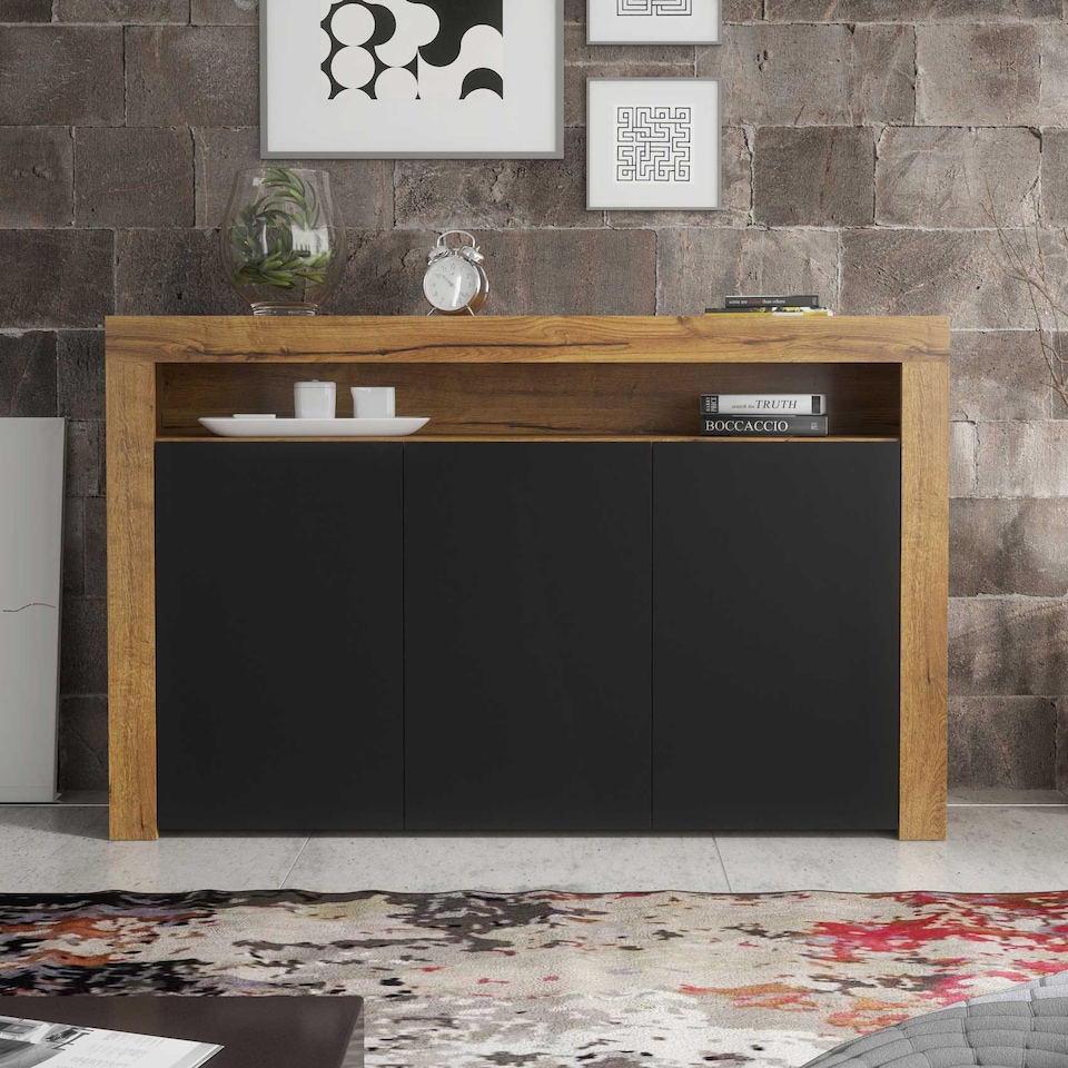 image 1 of Sideboard TV Unit TV Stand Oak Black Storage Cabinet Media Console Cupboard 155cm