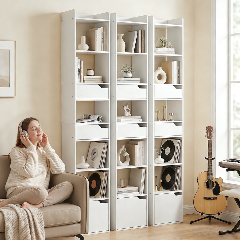 image 1 of HOMCOM Bookcase Tall Narrow with 5 Tiers Drawers