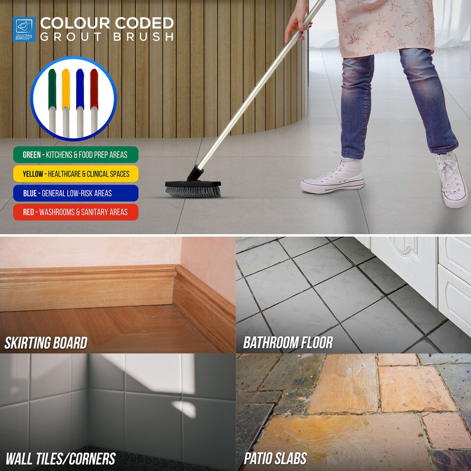 image 1 of Colour-Coded Angled Grout Brush with Handle 180° Swivel Tile & Corner Scrubber