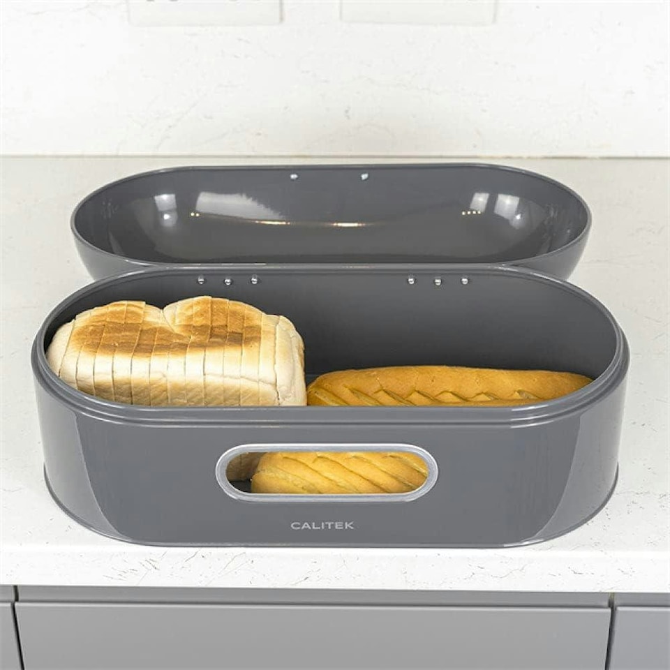 image 1 of CALITEK Retro Bread Bin Round Top Kitchen Counter Coated Carbon Steel Grey