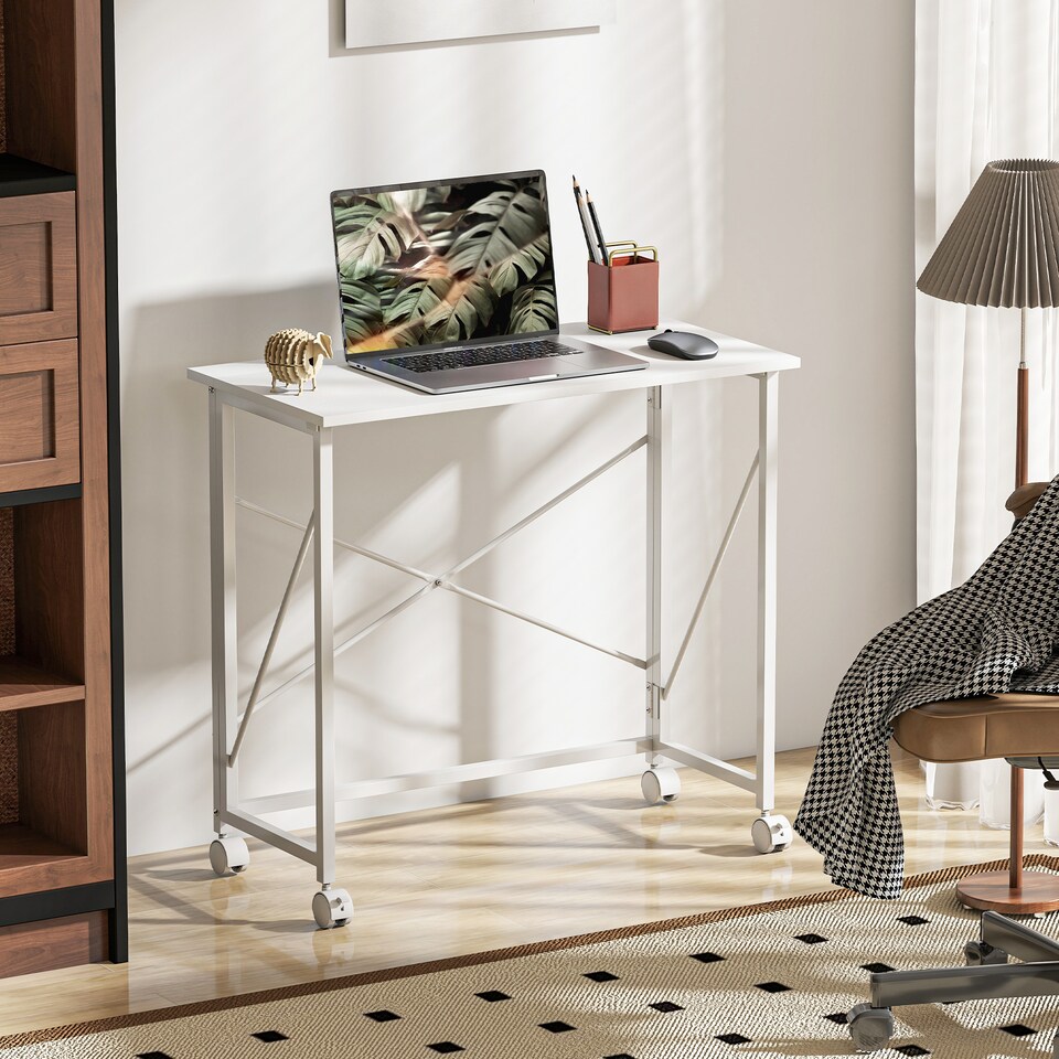 image 1 of HOMCOM Folding Desk on Wheels, Writing Table for Home Office, White | White