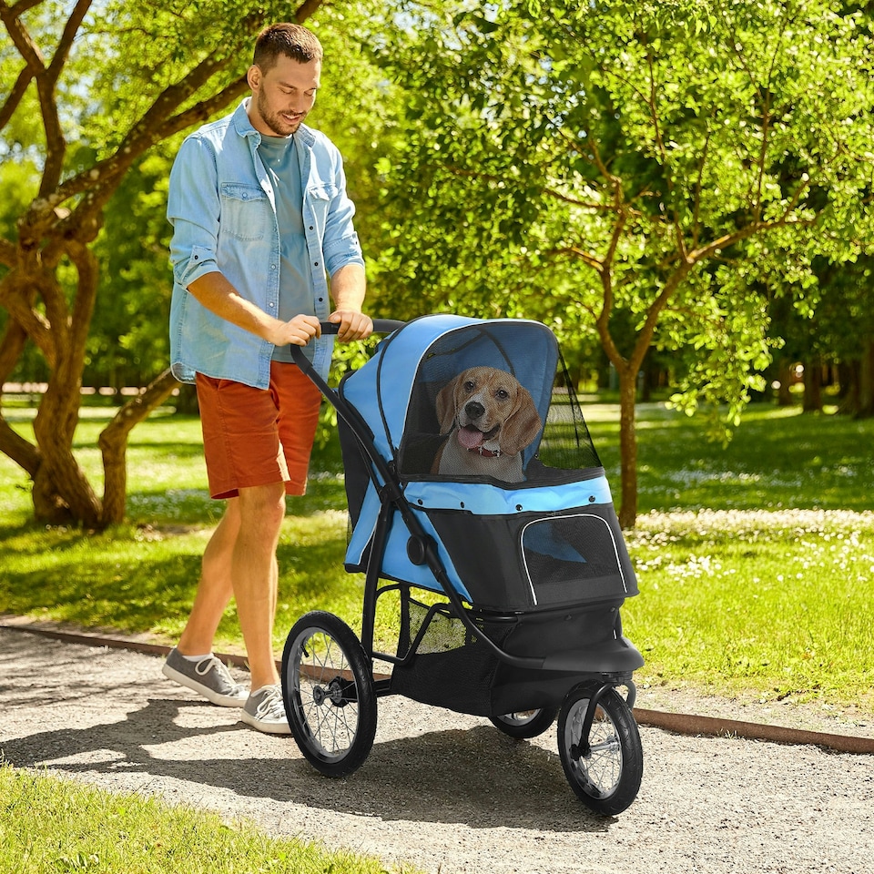 image 1 of PawHut 3 Wheel Pet Stroller, for Medium Small Dogs, Foldable Cat Pram - Blue