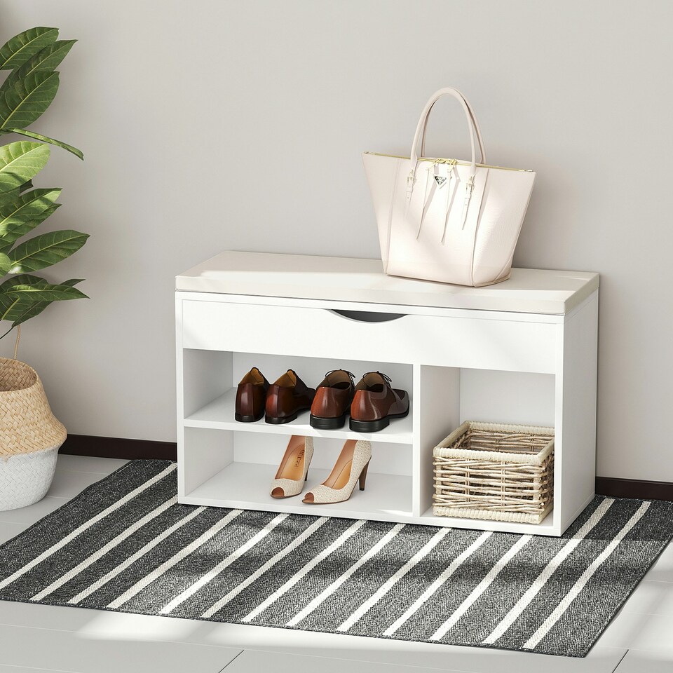 image 1 of HOMCOM Wooden Shoes Cabinet Bench Hidden Storage Padded Seat Organiser White