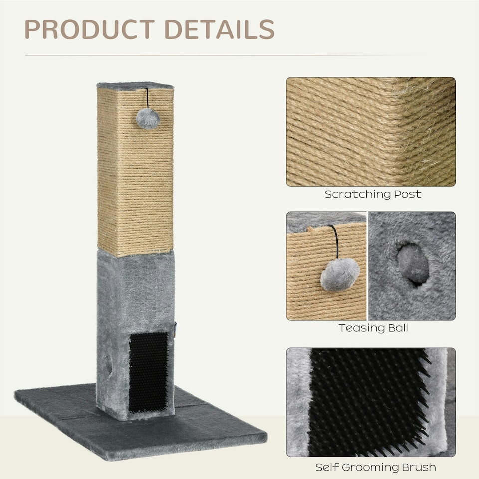 image 1 of PawHut 79cm Jute Scratcher Climber with Toy, Self Grooming Brush, Grey