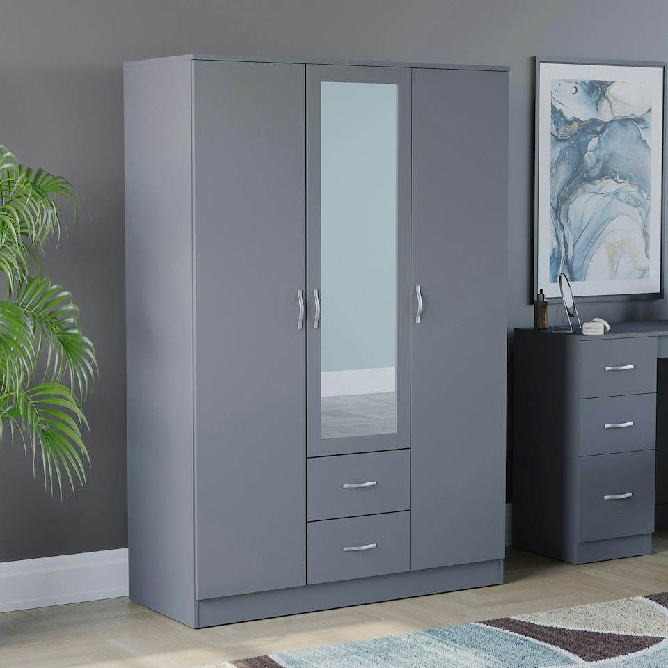 image 1 of Vida Designs Riano 3 Door 2 Drawer Mirrored Wardrobe With Shelf & Clothes Rail, Grey