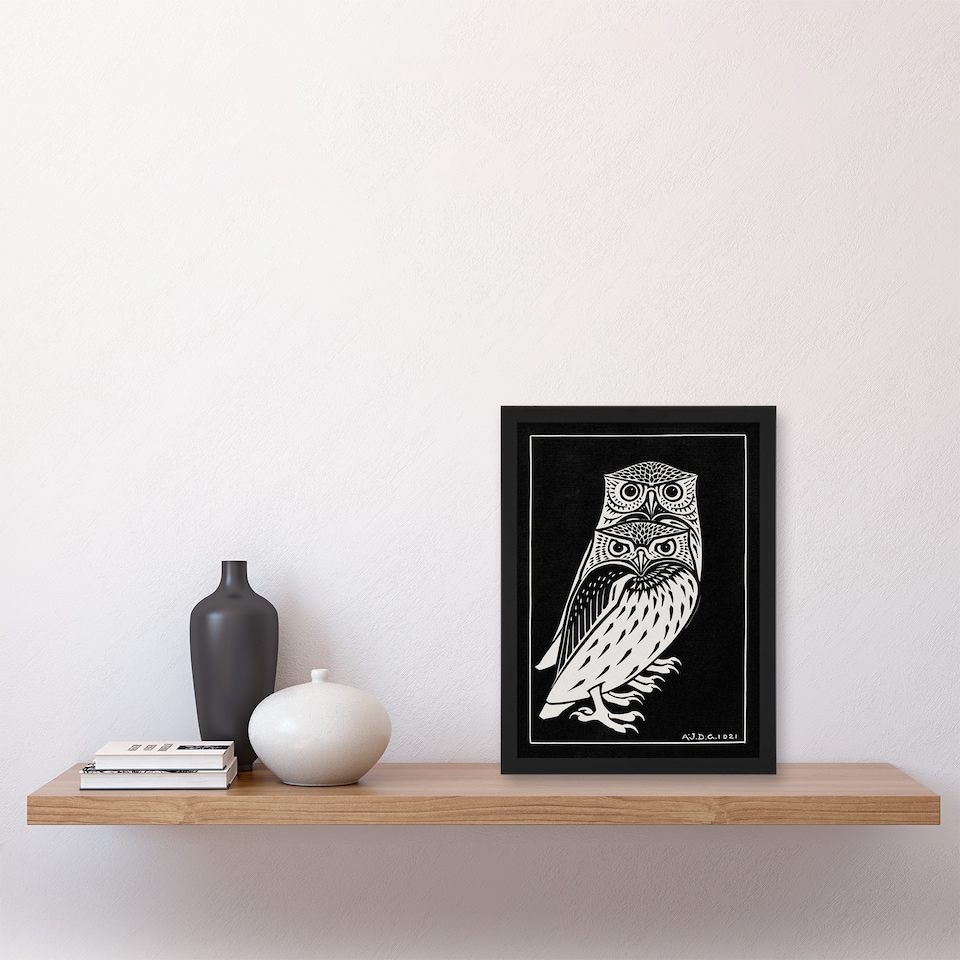image 1 of Julie de Graag Framed Wall Art Print Two Owls Vintage Animal Painting Home Décor