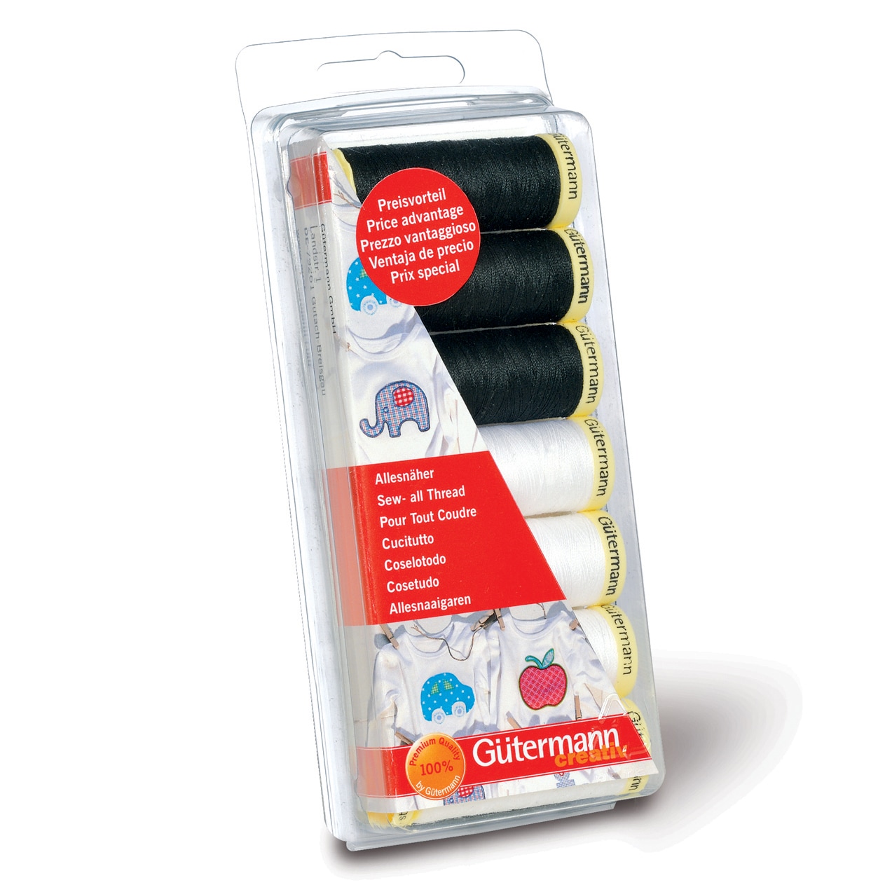Gutermann Sew-All Thread Set - 7x100m Black & White, Universal Polyester Thread for All Fabrics