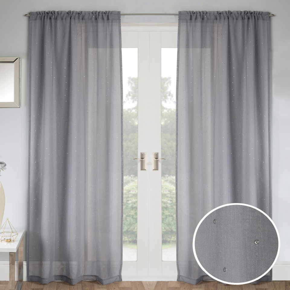 image 1 of Pair of Jewel Grey Diamante Embellished Voile Panels 183 cm (72 inch) Rod Pocket Panels for Bedroom and Living Room
