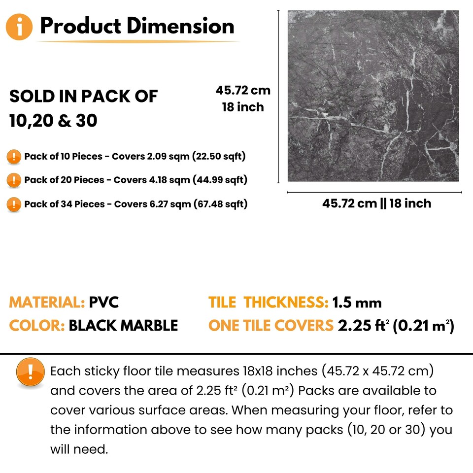 image 1 of NOVECRAFTO Self Adhesive Vinyl Floor Tiles - 6 Black Marble Peel & Stick Sheets 18"x18" (45.72x45.72cm) - Waterproof Square Vinyl Flooring for Kitchen Black | 6.27