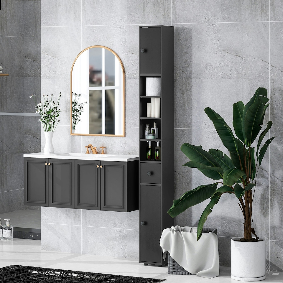 image 1 of kleankin Slim Bathroom Cabinet, Toilet Roll Storage w/ Open Shelves, Black | Black | 20W x 20D x 180H cm