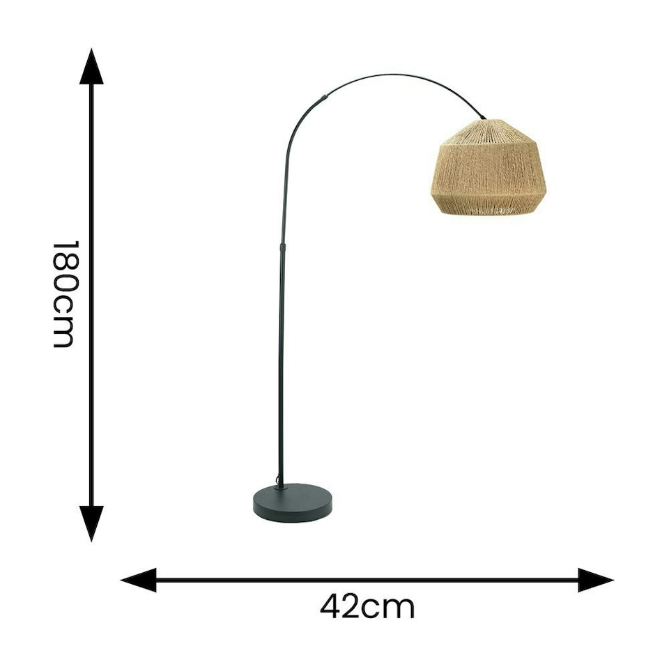 image 1 of ValueLights Louis Black Arched Curved Floor Lamp with Natural Rope Dome Lamp Shade Brown