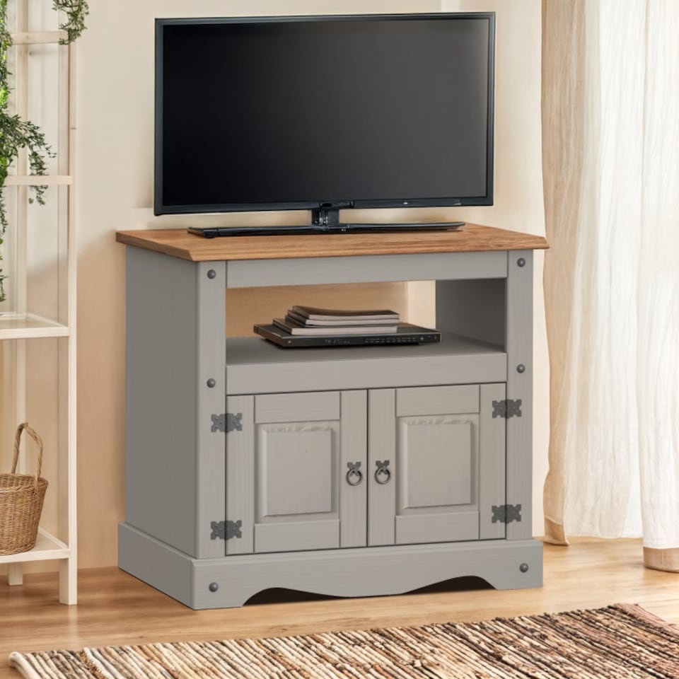image 1 of Mercers Furniture Corona Grey Wax Straight TV Unit 2 Door 1 Open Shelf Cabinet Stand Solid Wood Pine Wooden with Mexican Styling