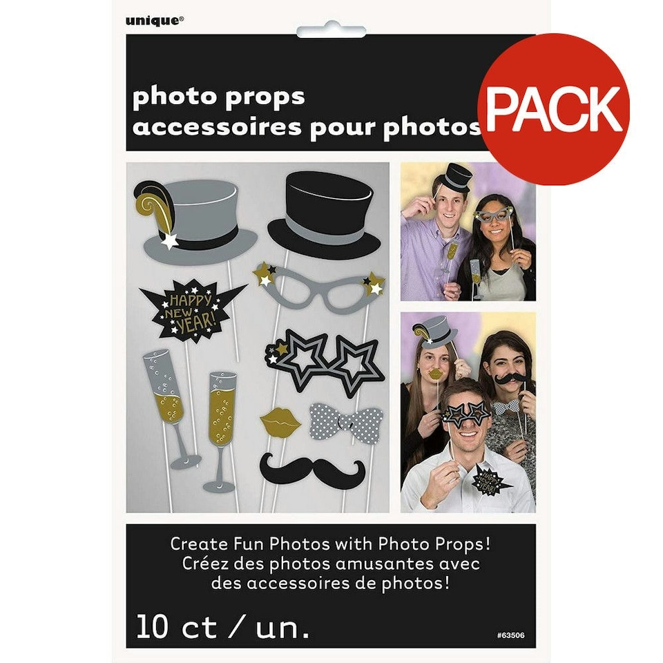 Unique Party New Years Eve Photobooth Props (Pack of 10) - Grey/Black/Gold - One Size