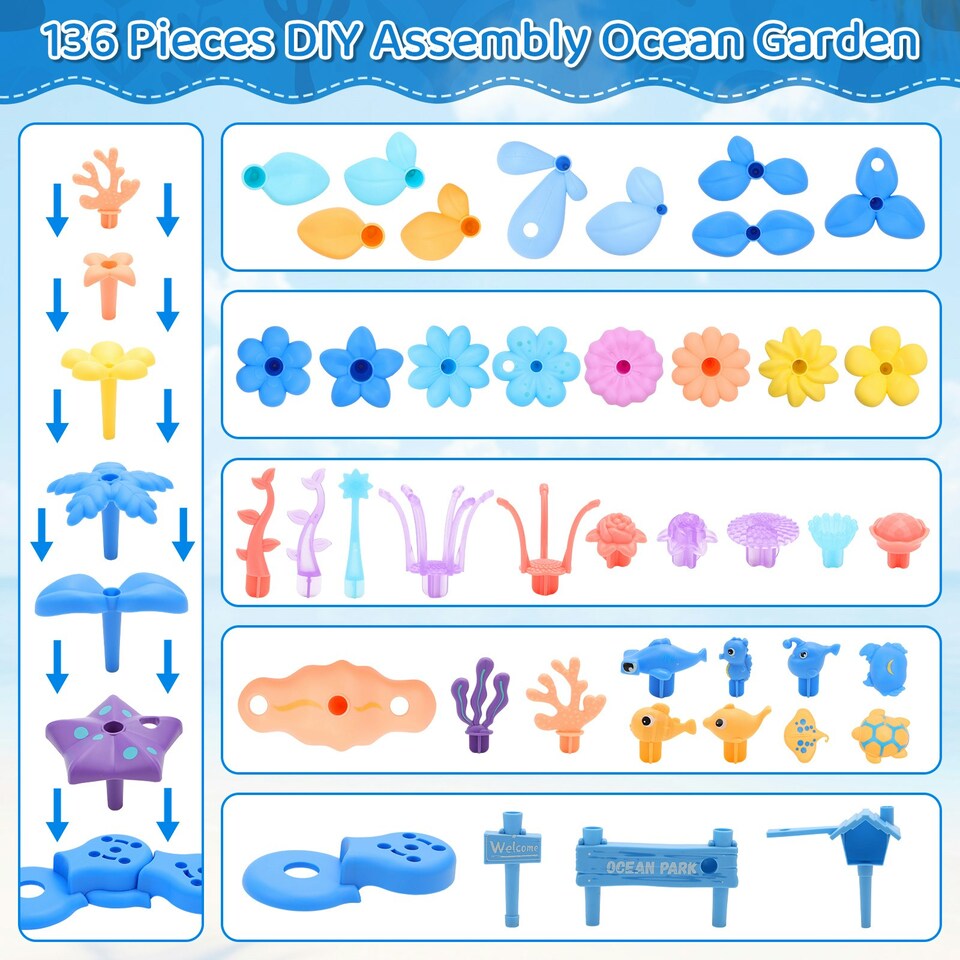 image 1 of 2 in 1 Ocean World and Flower Garden Building Toys 136 PCS STEM Construction Set for Kids