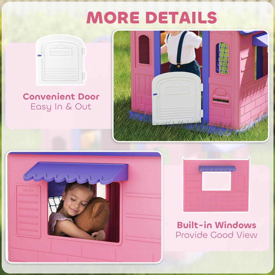 image 1 of AIYAPLAY 5-in-1 Playhouse for Kids Outdoor Indoor, Garden House with Basketball Hoop, Football, Dartboard, Ring Toss, Wendy House for Kids 2-5 Years Old | Pink