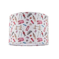 London Themed Cotton Lamp Shade with Red Buses Post Boxes Black Taxis Multi