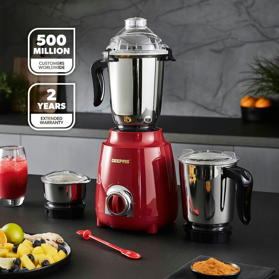 image 1 of GEEPAS 600W 3-in-1 Mixer Grinder | Stainless Steel Jars, Blades Red