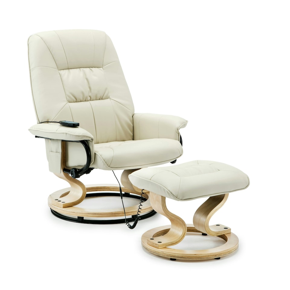 image 1 of Tuscany Bonded Leather Swivel Recliner Massage Chair w Footstool (Cream)