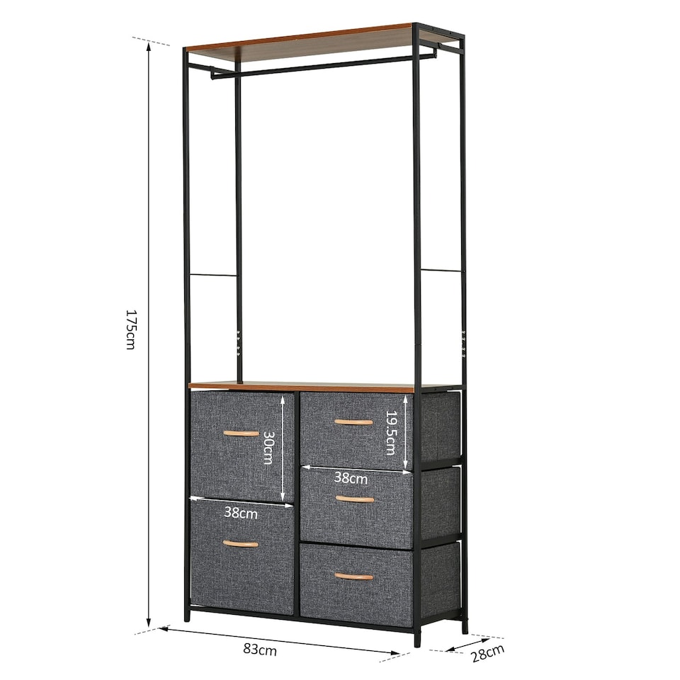 image 1 of HOMCOM Storage Coat Rack Hallway Bedroom Organiser Shelves w/ Hanger, 5 Drawer