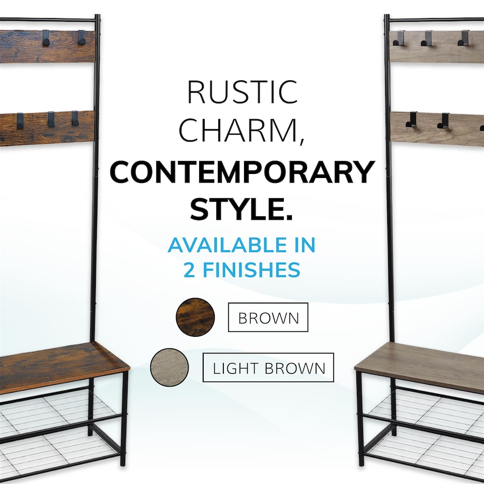 image 1 of House of Home Coat Rack Stand with Shoe Storage Bench 9 Hooks Rustic Light Brown Entrance Hall | Brown | Light Brown