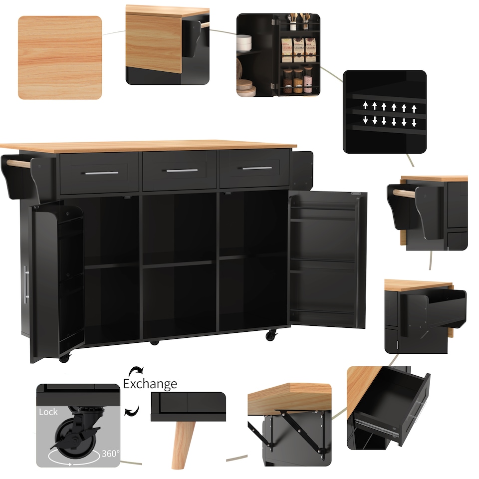 image 1 of VILUXE Mobile Kitchen Island with Foldable Marble-Effect Worktop, 3 Drawers, Adjustable Storage, Towel Holder, Wheels and Solid Wood Feet, Black and Natural Wood