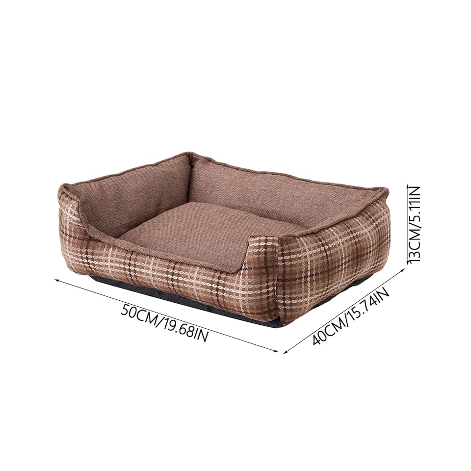 image 1 of Living and Home Linen Woven Pet Bed with Anti-Slip Bottom for Cats & Dogs | Brown | Brown Plaid | S