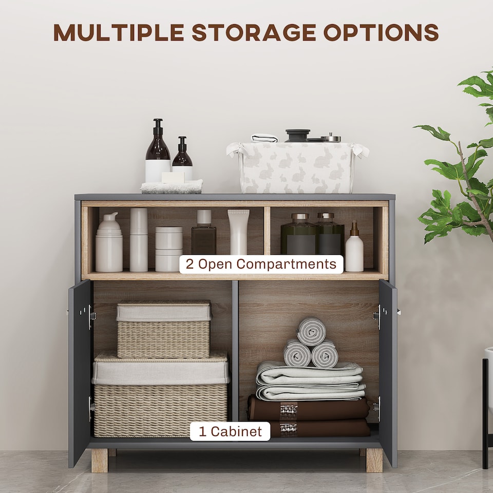 image 1 of HOMCOM Bathroom Cabinet, Bathroom Storage Unit, Bathroom Storage Cabinet with Open Compartments and Double Doors | Grey | Grey