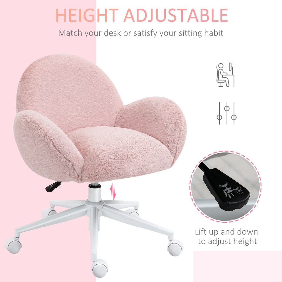 image 1 of HOMCOM Fluffy Desk Chair, Cute Makeup Vanity Chair with Rolling Wheels for Home Bedroom Living Room, Pink