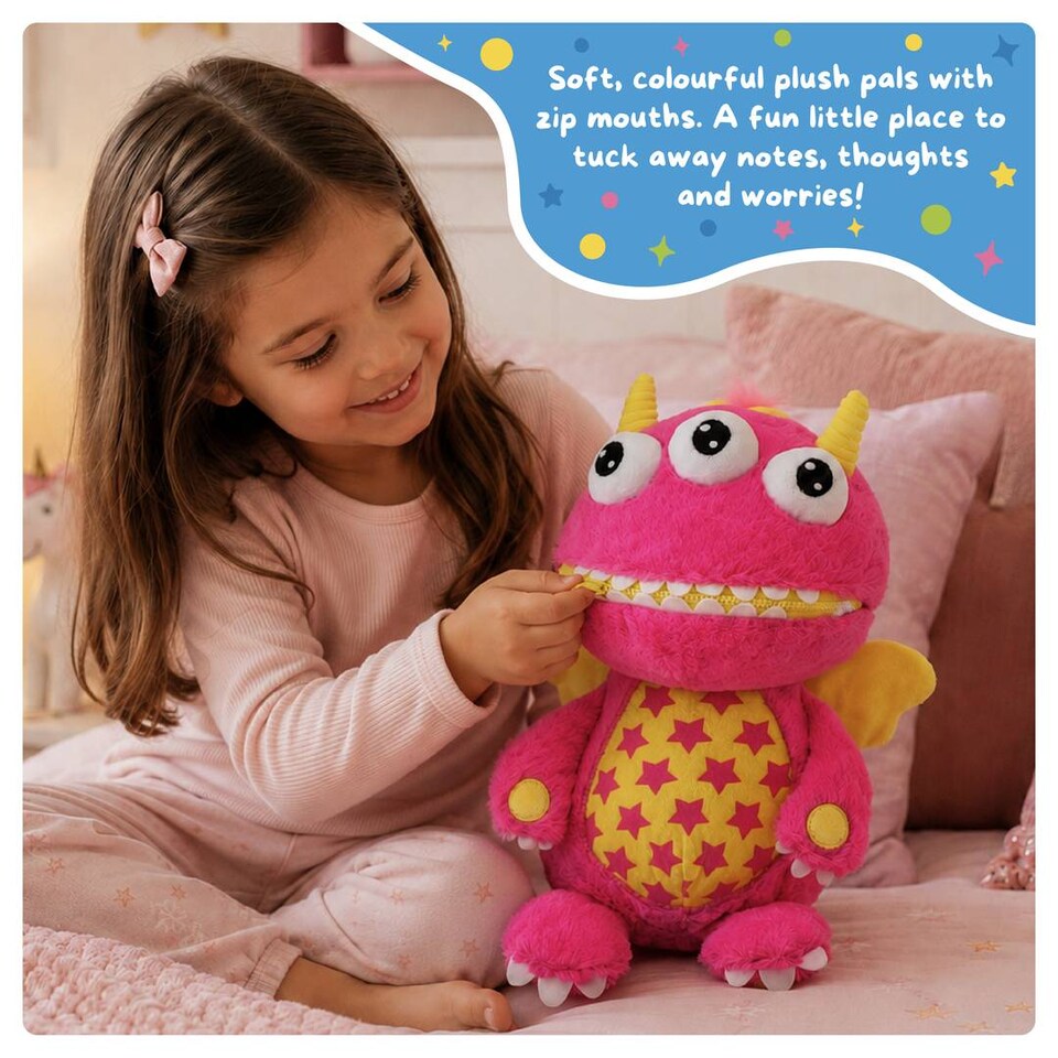 image 1 of Kids Worry Yummy Monster Cuddly Plush Toy Gift Set of 3 - Jumbo, Large and Clip-On Sizes Included