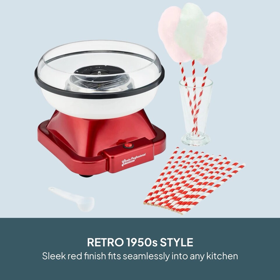 image 1 of Cooks Professional Retro Candy Floss Maker Machine with Sticks & Splash Guard | Red | Red