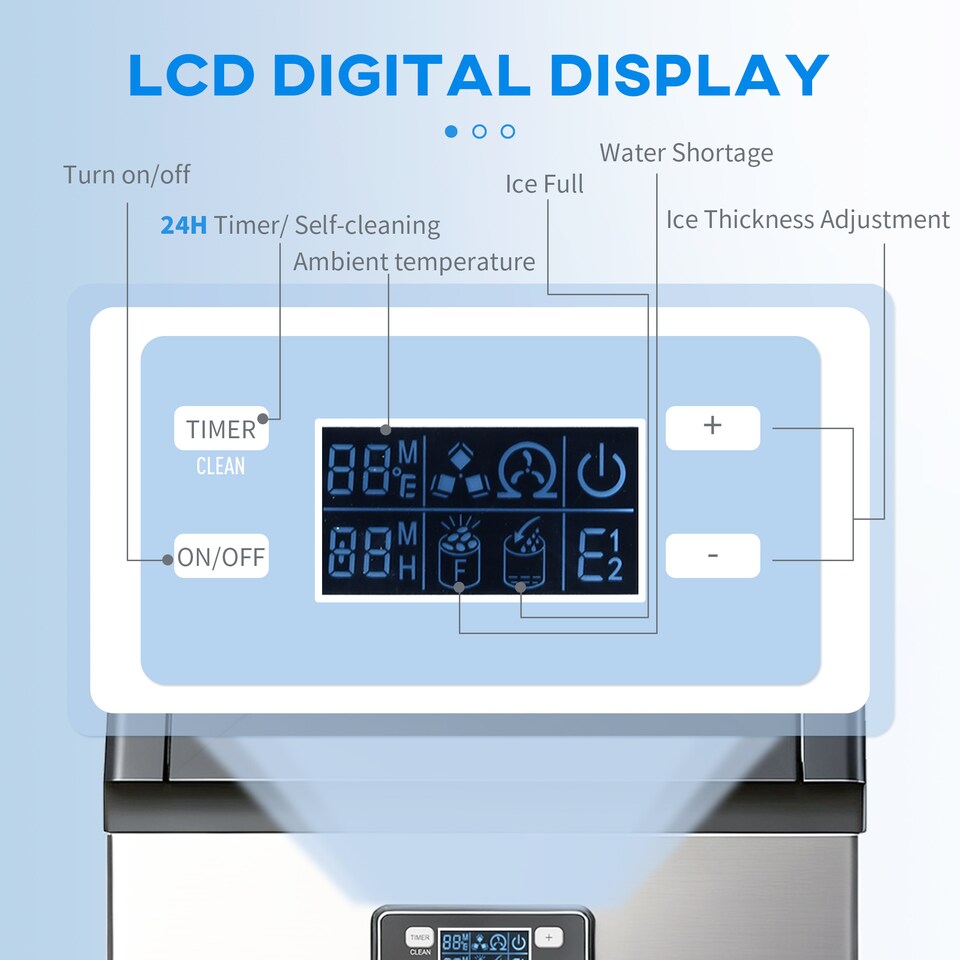 image 1 of HOMCOM Commercial Ice Maker Machine, Freestanding Stainless Steel Ice Machine with Self-Cleaning, LCD Display, 45kg 24 Hours and 11kg Storage for Home, Office, Bar, Restaurant
