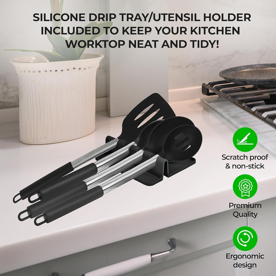 image 1 of 8 Piece Silicone Kitchen Utensil Set with Storage Bucket Black