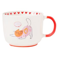 Cat Ceramic Mug 400ml Cartoon Cat Prints and Red Handles | White | Cat in Pink Jumper | 400ml | 1