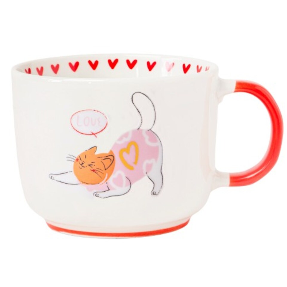 Cat Ceramic Mug 400ml Cartoon Cat Prints and Red Handles | White | Cat in Pink Jumper | 400ml | 1