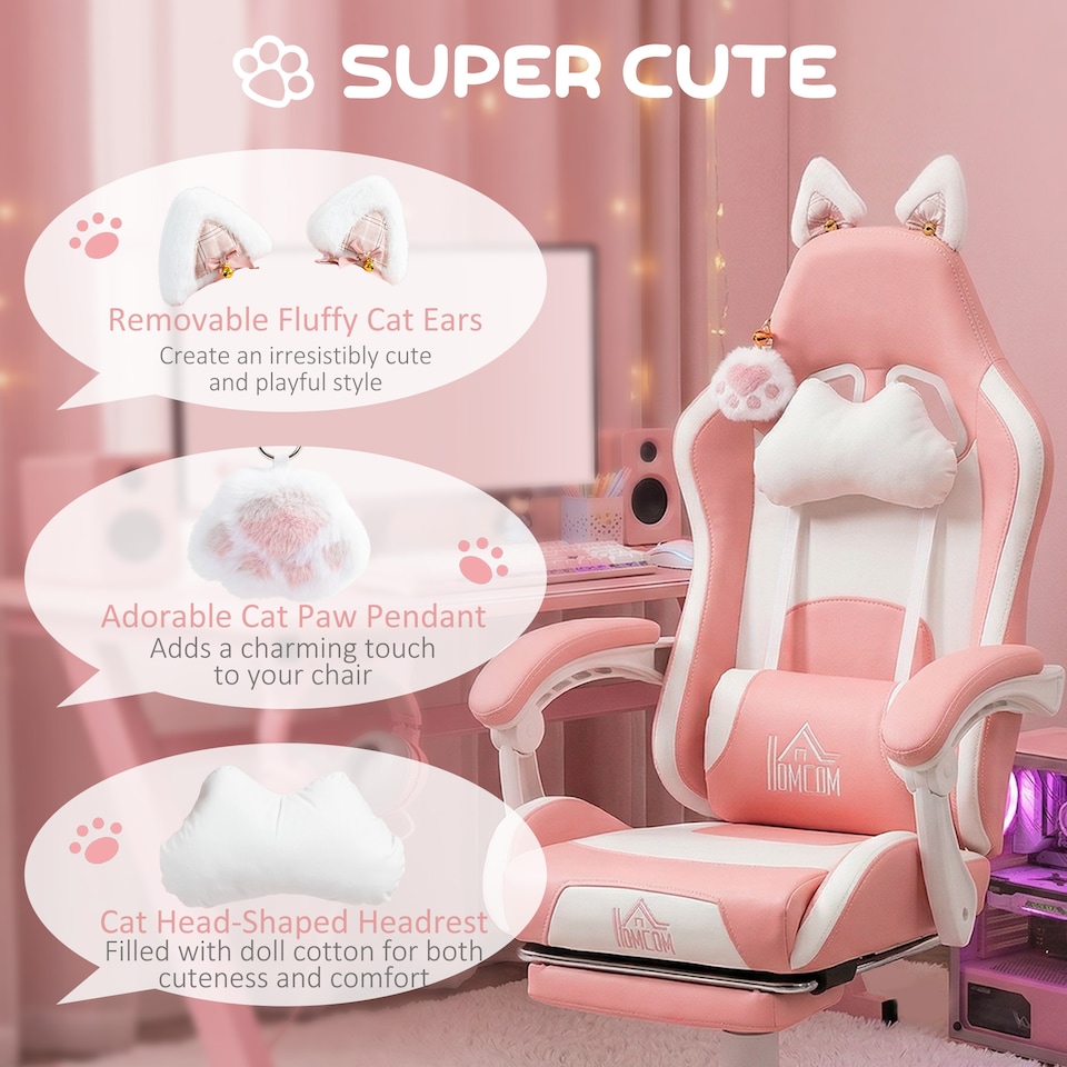 image 1 of HOMCOM Gaming Chair with Footrest, Reclining Computer Chair, Pink