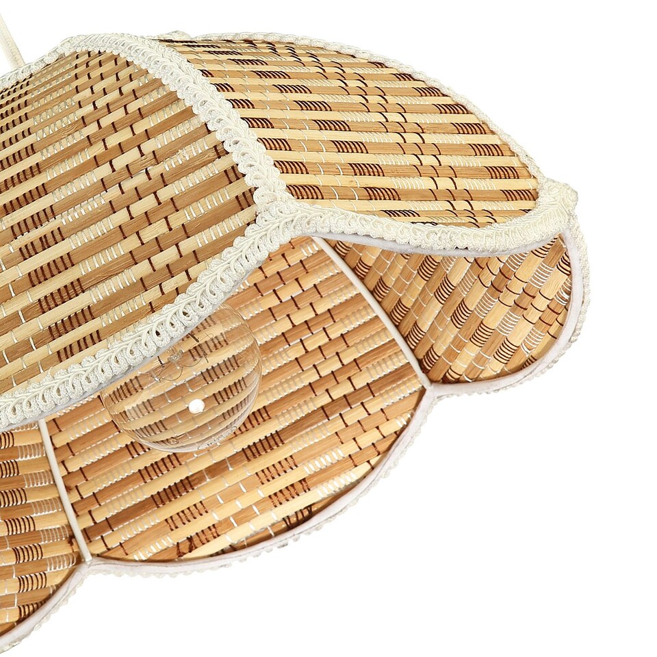 image 1 of Vintage Victorian Rattan Pendant Shade with White Embroidered Trim | Brown | Brown | 1