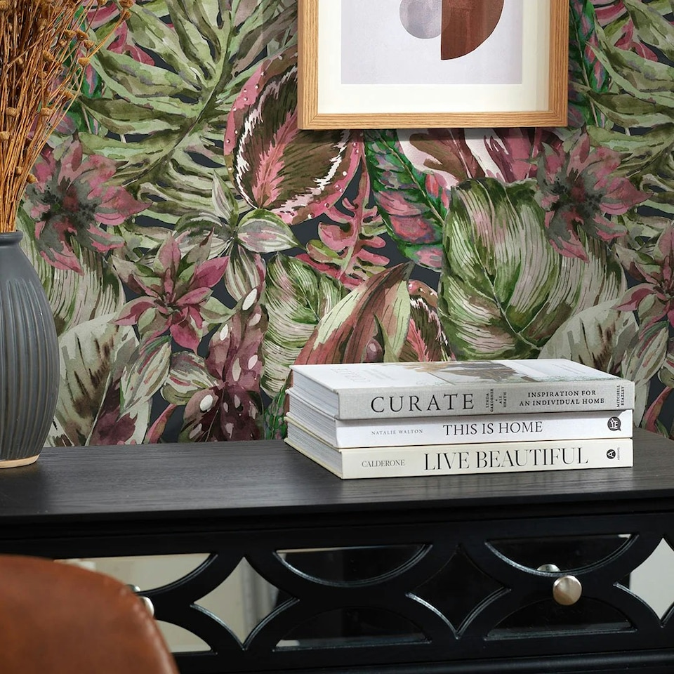 image 1 of Jungle Fever Wallpaper in Pink and Green Multi