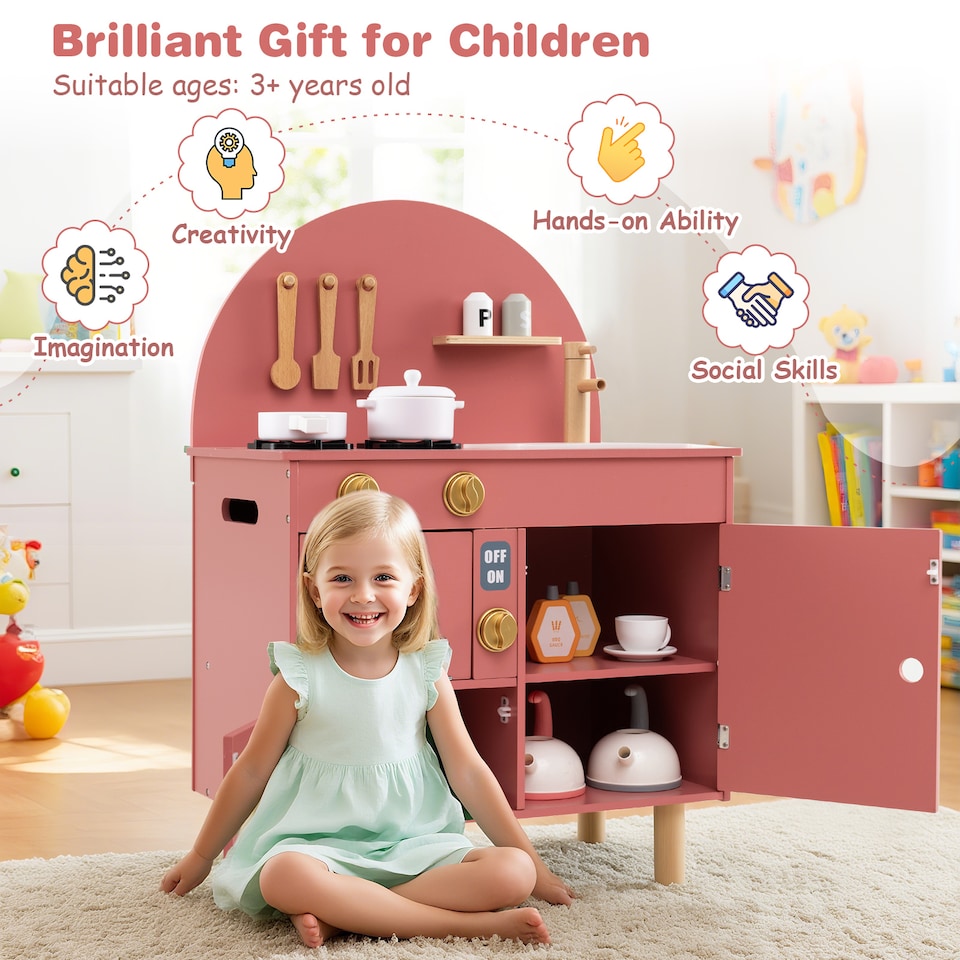 image 1 of COSTWAY Pretend Play Kitchen Wooden Kitchen Playset with Stoves Pink