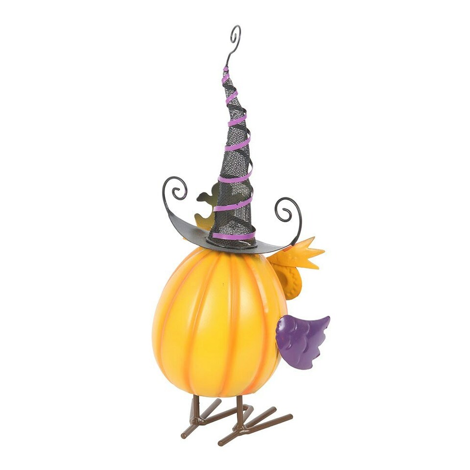 image 1 of Orange Metal Owl Ornament with Witch Hat and Ghost