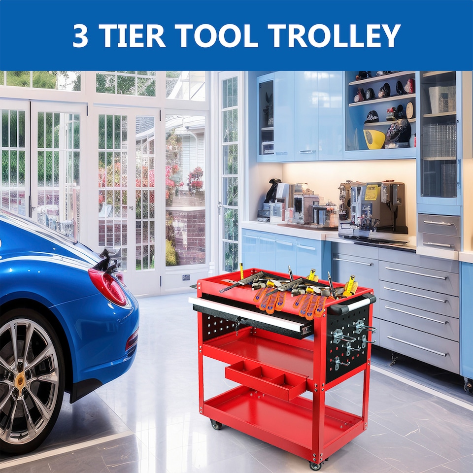 image 1 of 3-Tier Heavy Duty Tool Trolley Cart with Drawer Roller Cabinet for Garage & Workshop