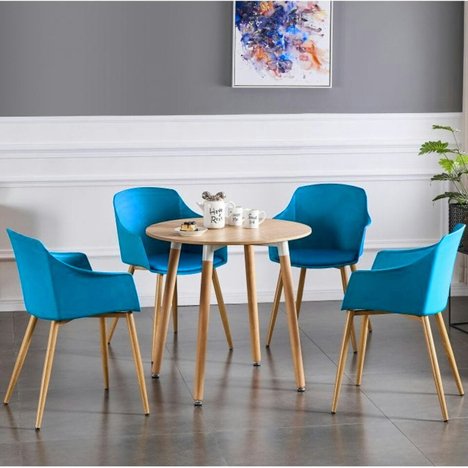 image 1 of Set of 2 Eden Modern Dining Chairs, Faux Leather Padded Cushion & Solid Wooden Legs Blue