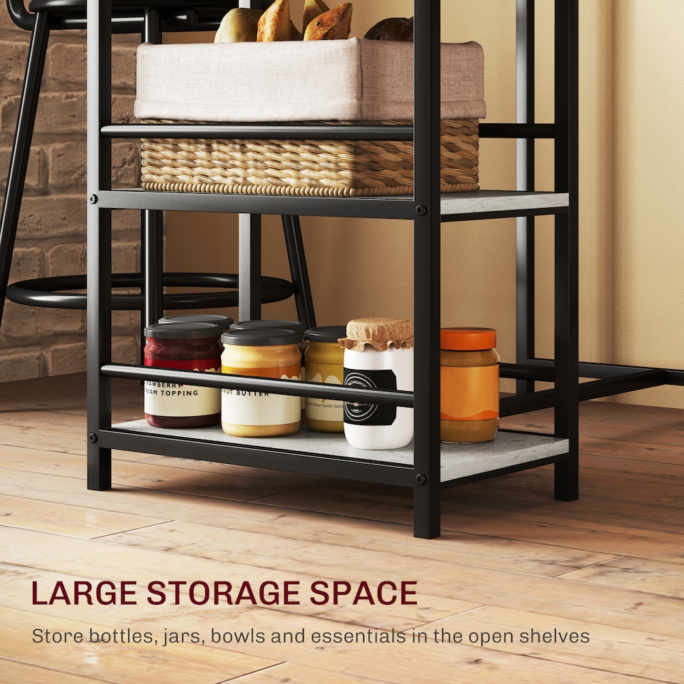 image 1 of HOMCOM 3 Piece Breakfast Bar Table Set, Space Saving Bar Table and PU Leather Stools for 2, Dining Table Set with Storage Shelves, Light Grey | Grey