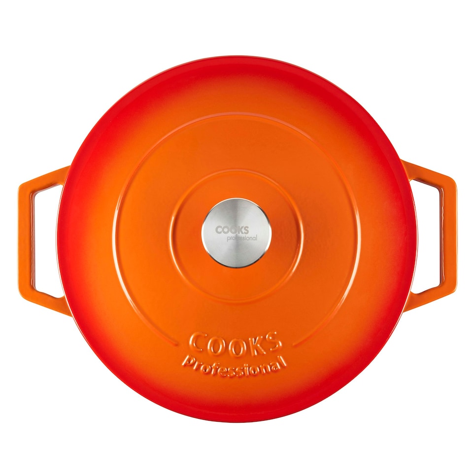 image 1 of Cooks Professional Cast Iron Casserole 28cm Shallow | 4.3L Capacity | Enamelled Inside & Out | Graduated Orange