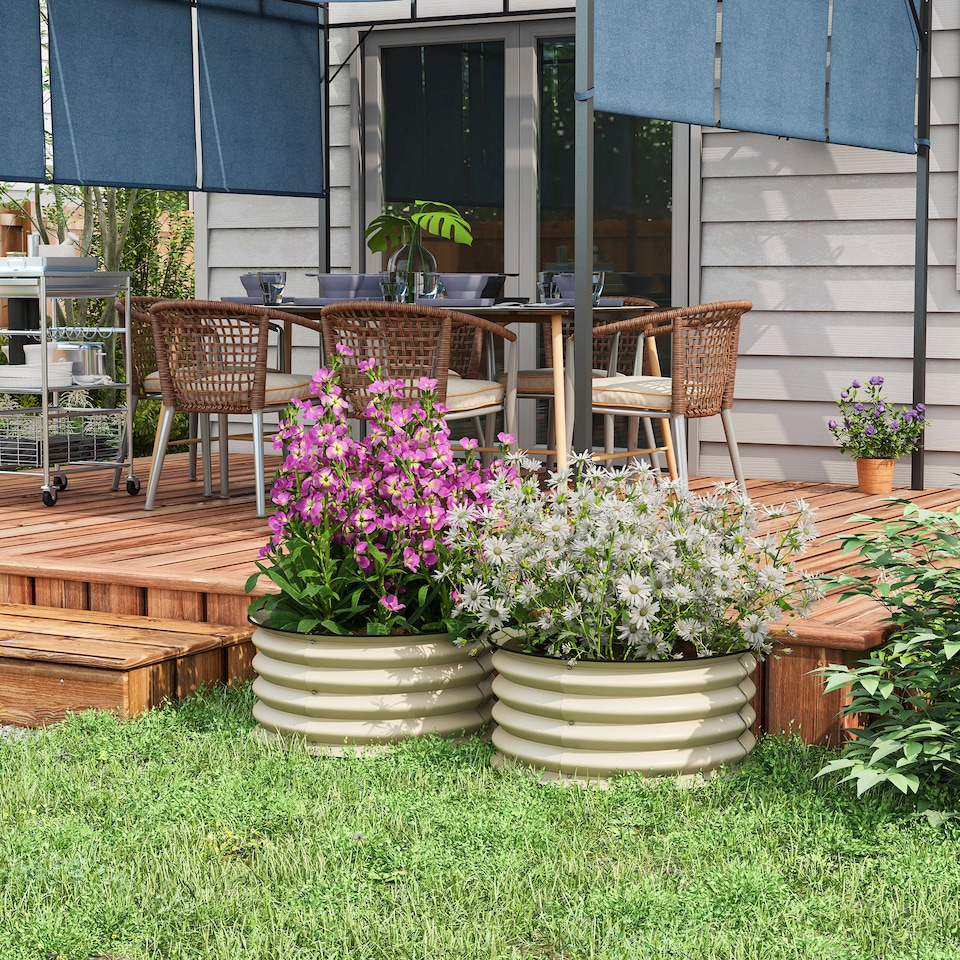 image 1 of Outsunny Steel Raised Beds for Garden Set of 2, Outdoor Elevated Planter Box with Safety Edging, Easy-to-assemble Stock Tank for Growing Flowers, Herbs and Vegetables, Cream White