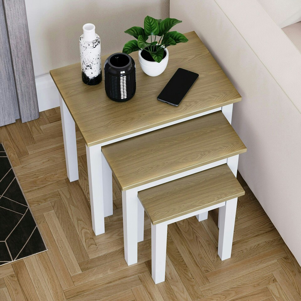 image 1 of Vida Designs Yorkshire Set of 3 Nest of Tables Sofa Side End Table, White & Oak