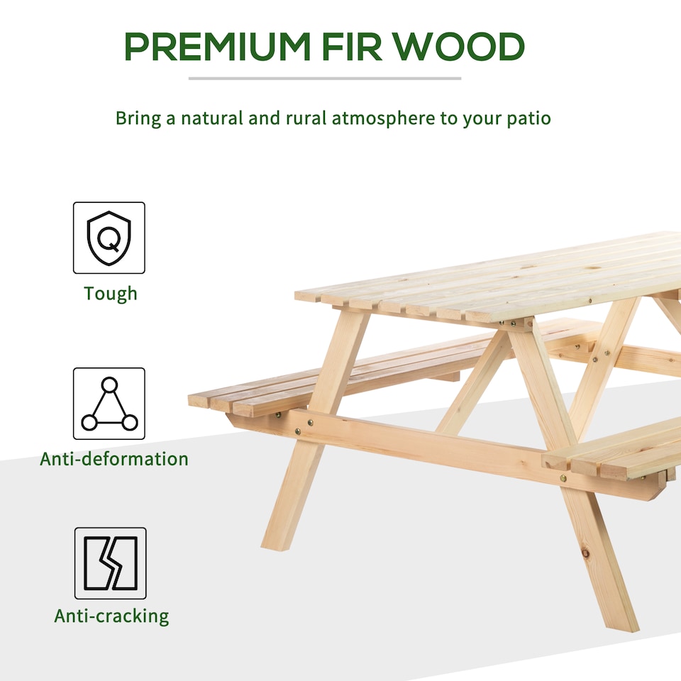 image 1 of Outsunny 6 Seater Wooden Picnic Table Bench for Outdoor Garden or Patio with Parasol Cutout 150 cm Natural Wood Finish