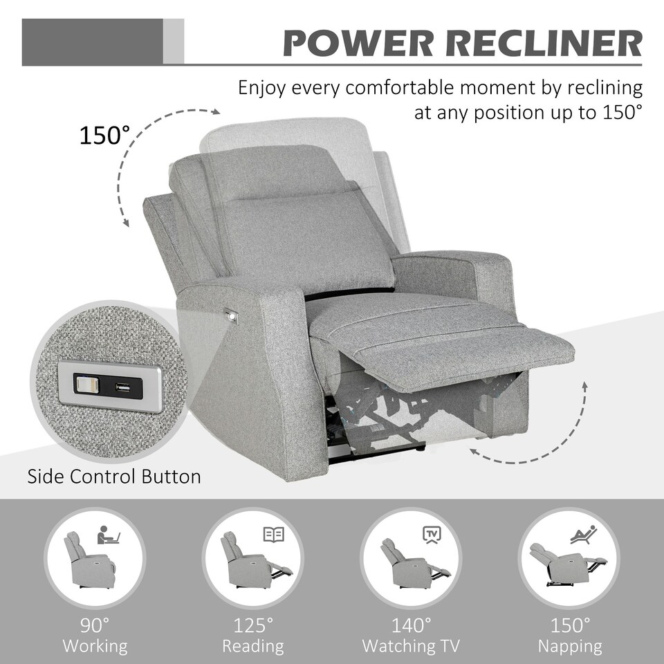 image 1 of HOMCOM Electric Armchair, Fabric Recliner Chair with USB Port, Grey