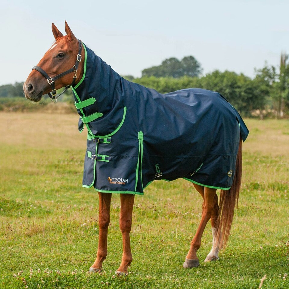 image 1 of Gallop Equestrian Trojan Lite Weight Combo Turnout Green | Size: 5ft 6
Colour: Navy/Green