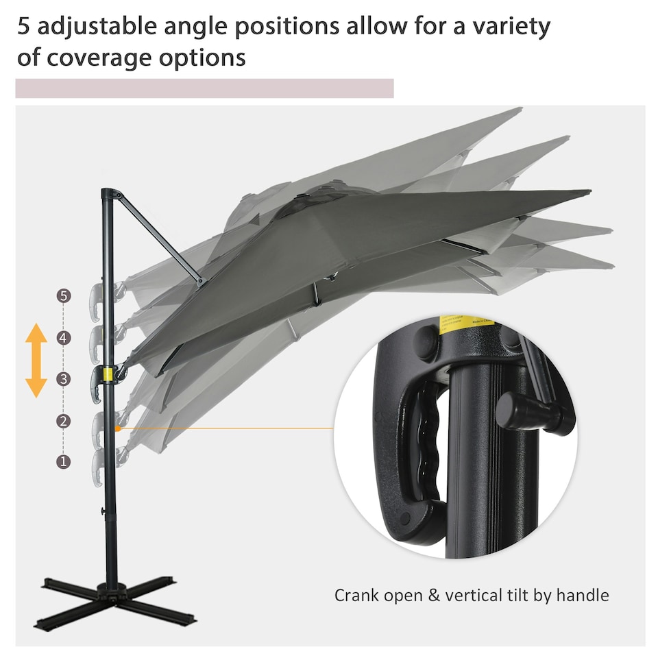 image 1 of Outsunny Square Cantilever Roma Parasol, 360-Degree Rotation, Grey